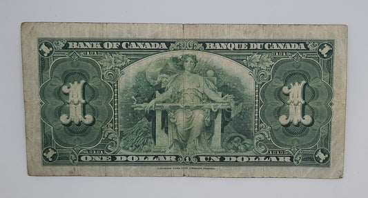1937 Bank of Canada /  Banque Du Canada - 1 (One) Canadian Dollar CAD Banknote Serial No. HL 2773744 P-58