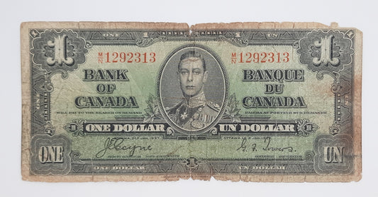 1937 Bank of Canada /  Banque Du Canada - 1 (One) Canadian Dollar CAD Banknote Serial No. MN 1292313 P-58