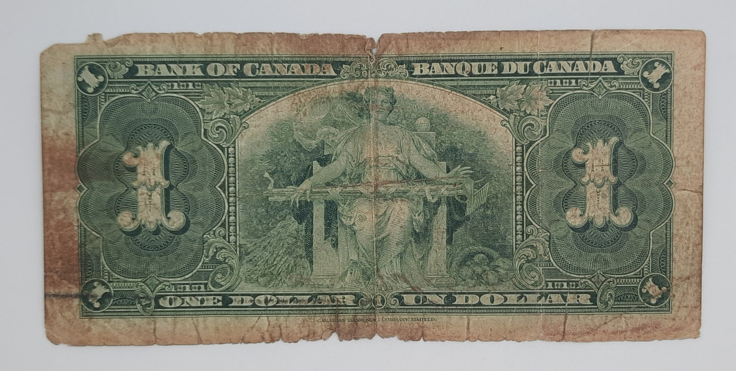 1937 Bank of Canada /  Banque Du Canada - 1 (One) Canadian Dollar CAD Banknote Serial No. MN 1292313 P-58