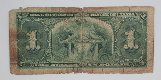 1937 Bank of Canada /  Banque Du Canada - 1 (One) Canadian Dollar CAD Banknote Serial No. MN 1292313 P-58