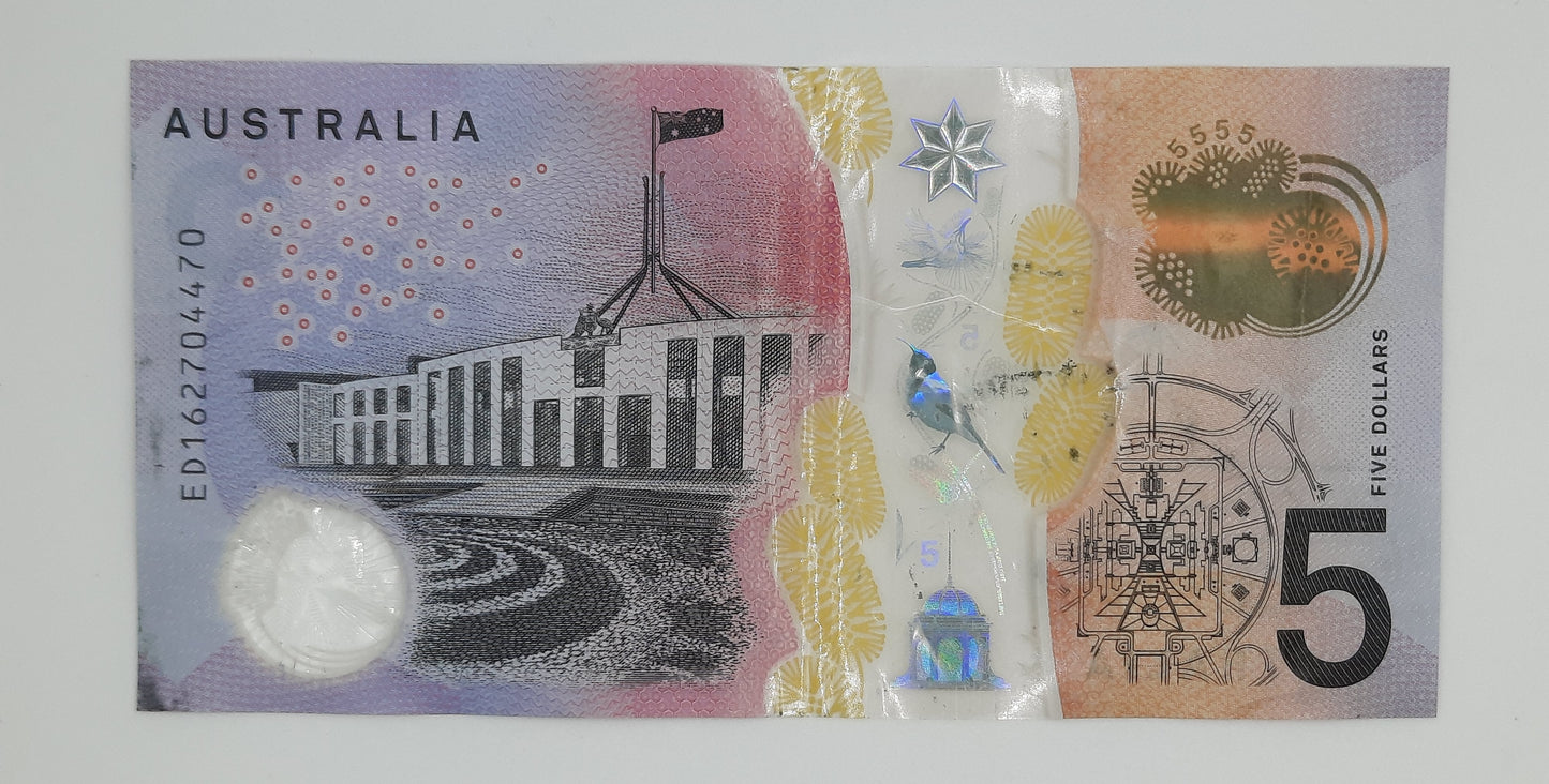 2016 Reserve Bank of Australia - 5 (Five) AUD Australian Dollars Banknote Serial No. DG 163444607 P-62a