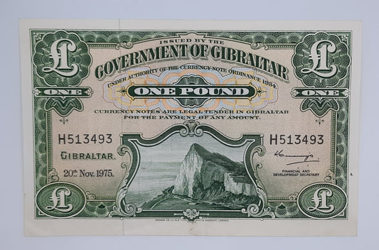 1975 Government of Gibraltar - £1 (One) Gibraltar Pound Banknote First Run Serial No. H 513493 P-18c