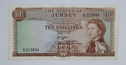1963 States of Jersey, Channel Islands - 10 (Ten) Jersey Shillings Banknote Serial No. A 213844 P-7a