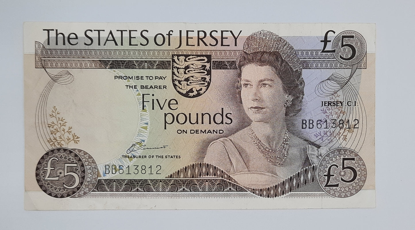 1976 States of Jersey, Channel Islands - 5 (Five) Jersey Pounds Banknote Serial No. BB 613812 P-12a