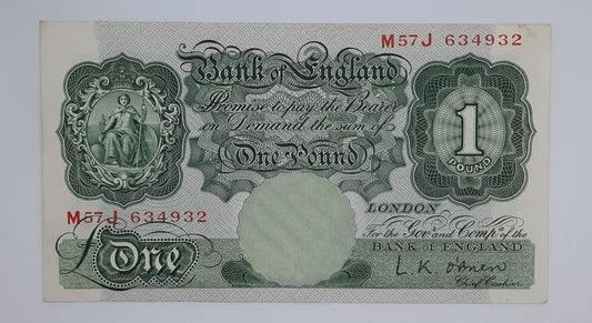 1955 Bank of ENGLAND, UK - £1 (One) British Pound Banknote Serial No. M57J 634932 B369b