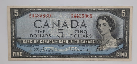 1954 Bank of Canada / Banque Du Canada - 5 (Five) Canadian Dollars CAD Banknote Serial No. M5 4435869