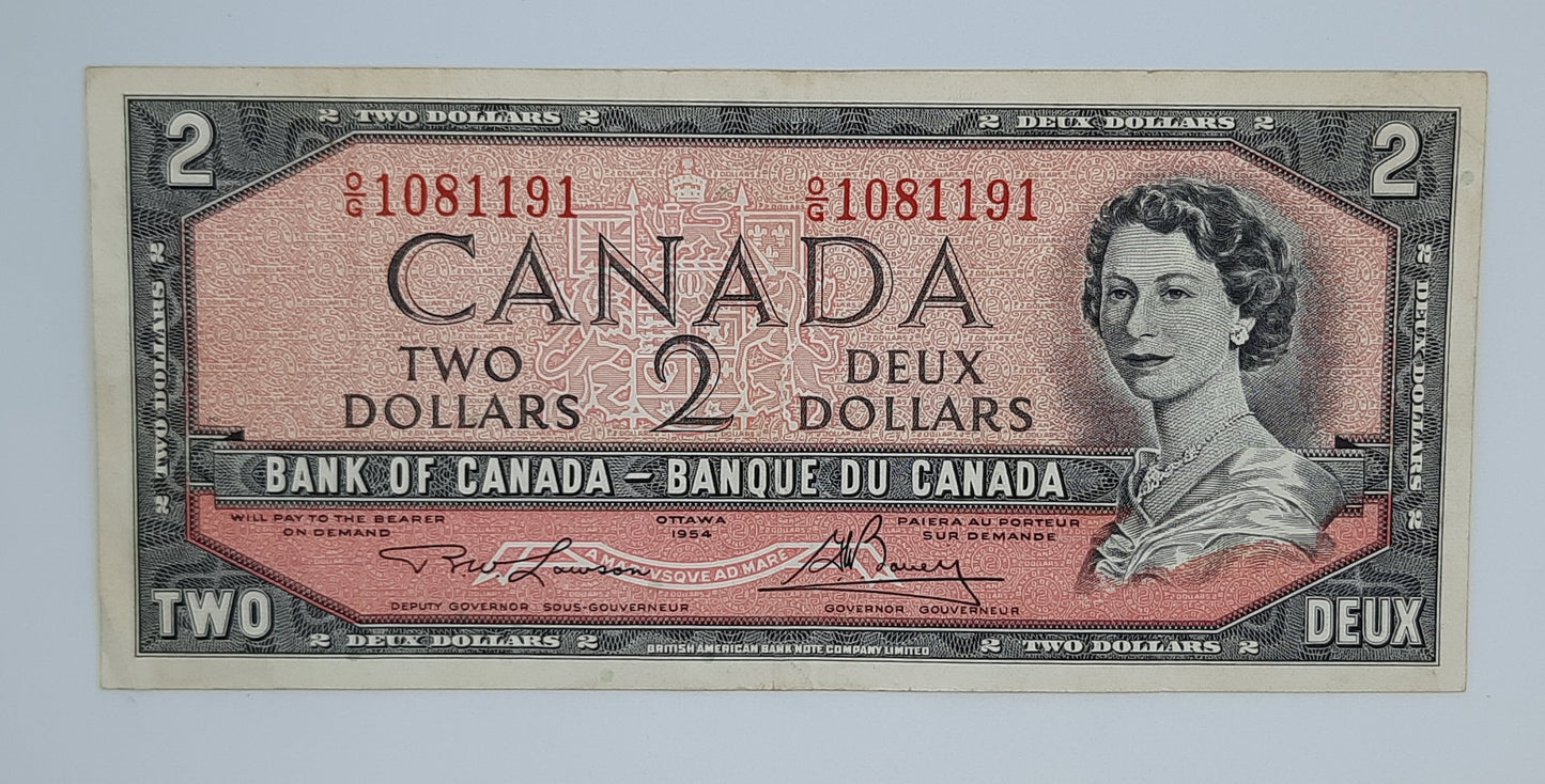 1954 Bank of Canada / Banque Du Canada - 2 (Two) Canadian Dollars CAD Banknote Serial No. OG 1081191 P-76