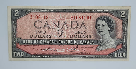 1954 Bank of Canada / Banque Du Canada - 2 (Two) Canadian Dollars CAD Banknote Serial No. OG 1081191 P-76