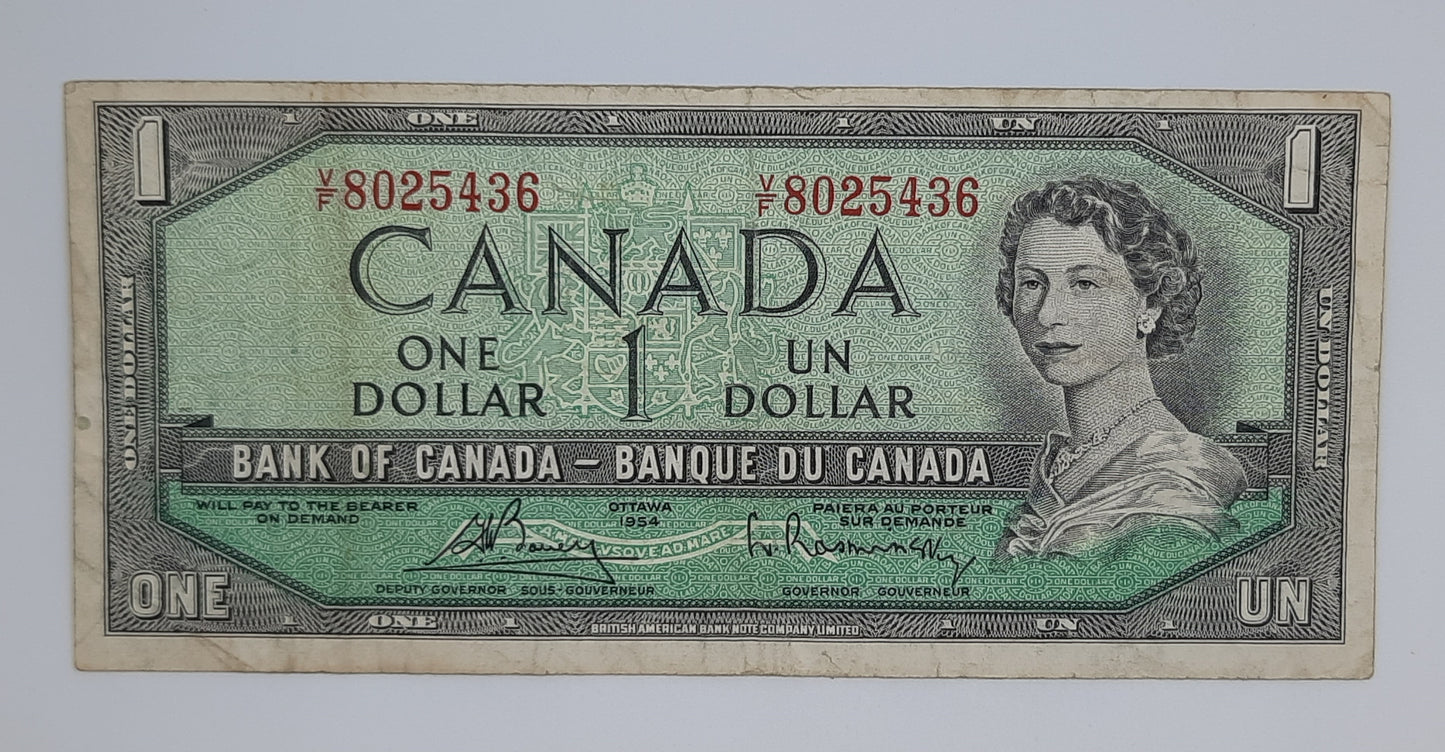 1954 Bank of Canada / Banque Du Canada - 1 (One) Canadian Dollar CAD Banknote Serial No. VF 8025436