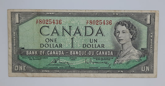 1954 Bank of Canada / Banque Du Canada - 1 (One) Canadian Dollar CAD Banknote Serial No. VF 8025436