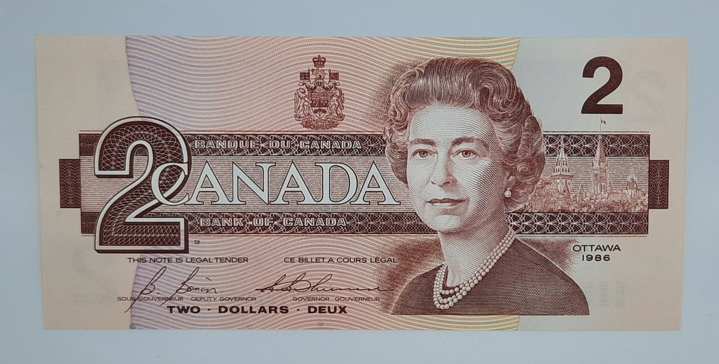 1986 Bank of Canada / Banque Du Canada - 2 (Two) Canadian Dollars CAD Banknote Serial No. CBH 9839311 P-94 UNC