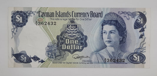 1974 Cayman Islands Currency Board - 1 (One) Dollar Banknote Serial NO. A5 362432 P-5d