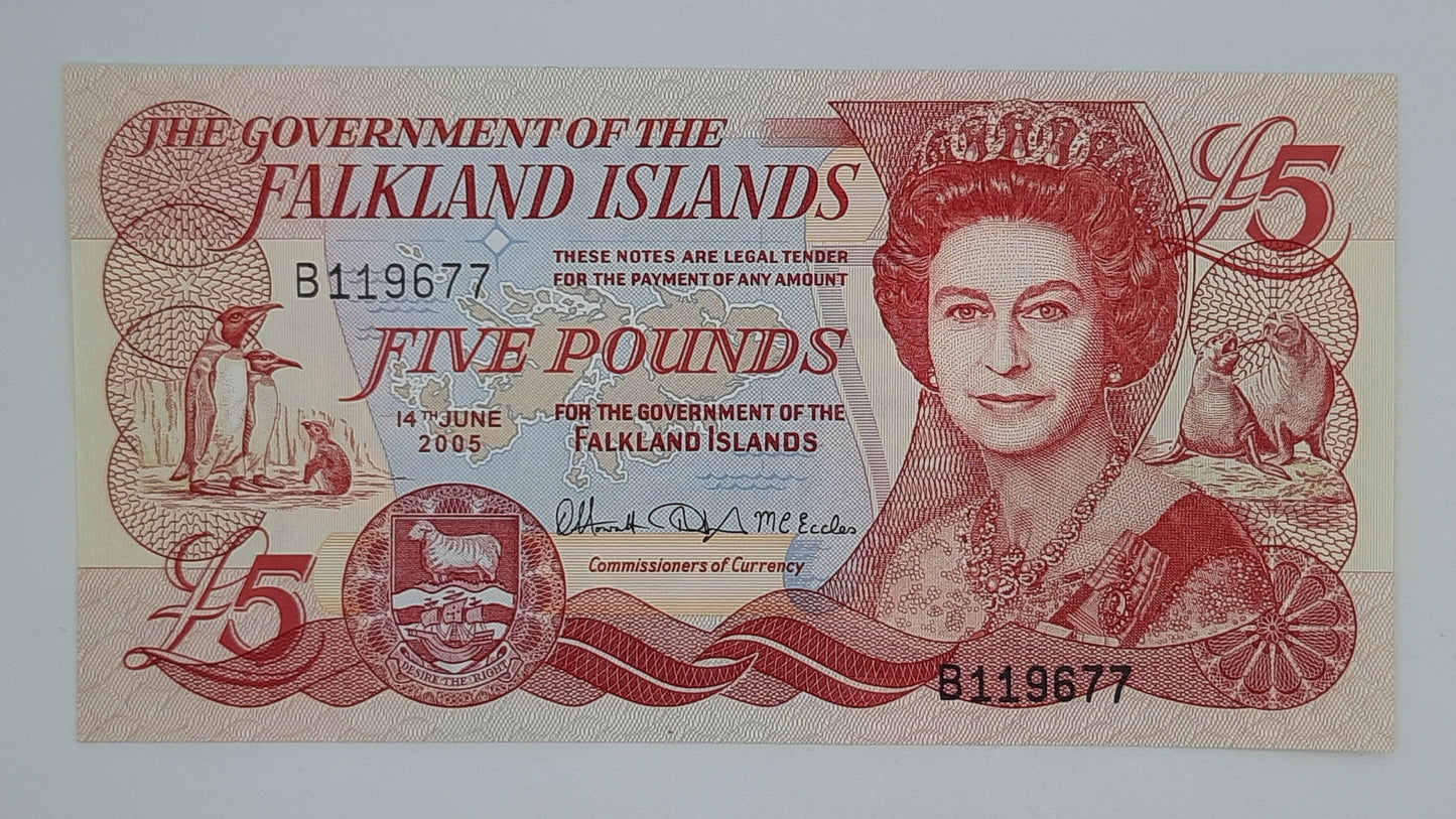 2005 Falkland Islands Government - £5 (Five) Falkland Pounds FKP Banknote Serial No. B 119677 P-17