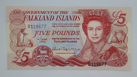 2005 Falkland Islands Government - £5 (Five) Falkland Pounds FKP Banknote Serial No. B 119677 P-17