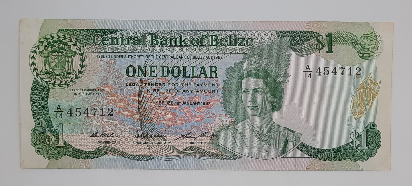 1987 Central Bank of Belize - 1 (One) Belizean Dollar Banknote Serial No. A14 454712 P-46c