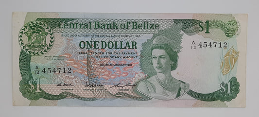 1987 Central Bank of Belize - 1 (One) Belizean Dollar Banknote Serial No. A14 454712 P-46c