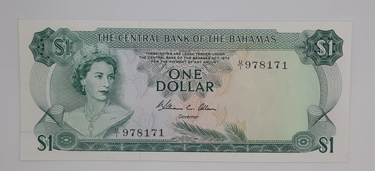 1974 The Central Bank of the Bahamas - 1 (One) Dollar Banknote Serial No. U1 978171 P-35b