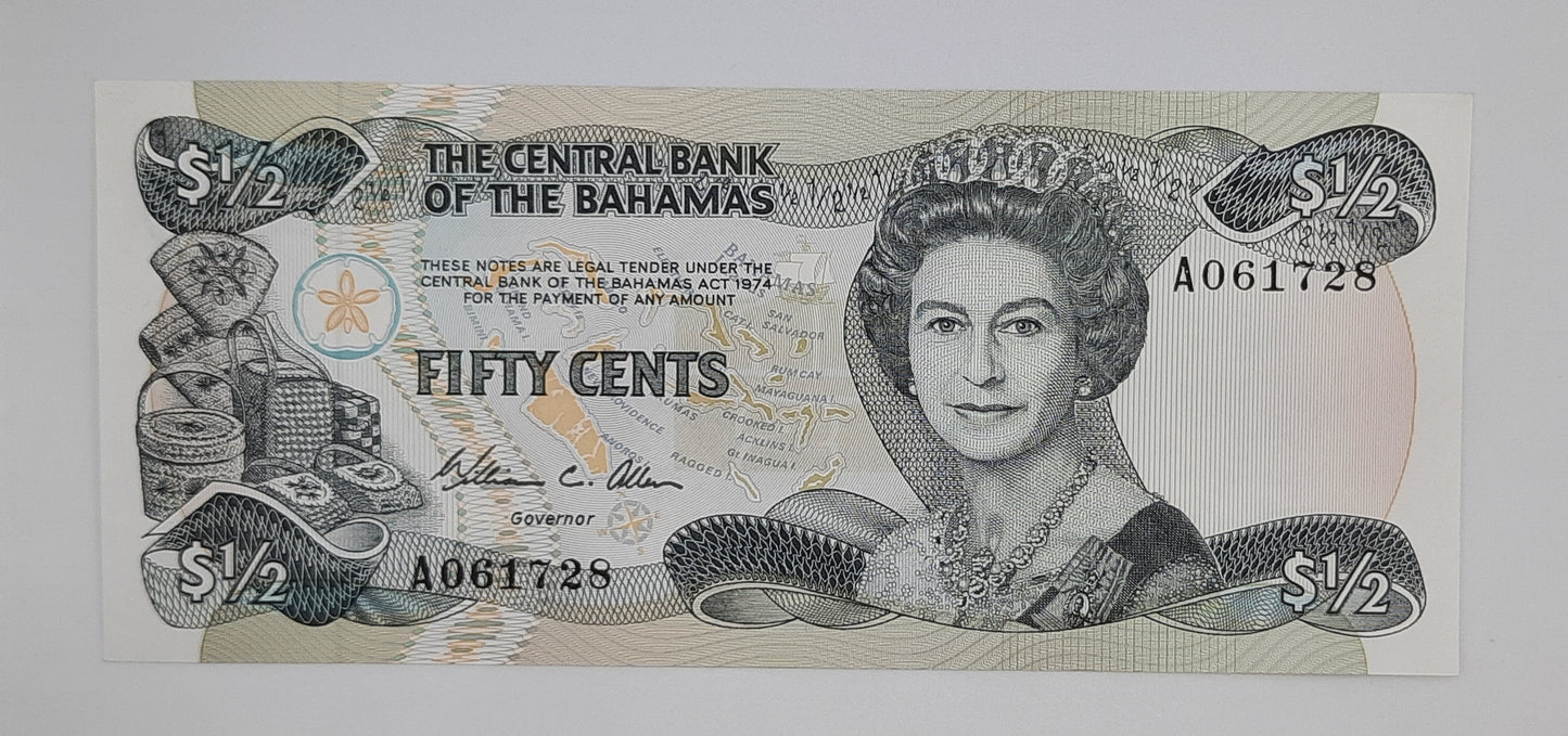 1984 The Central Bank of the Bahamas - 50 (Fifty) Cents Banknote Serial No. A 061728 P-42a