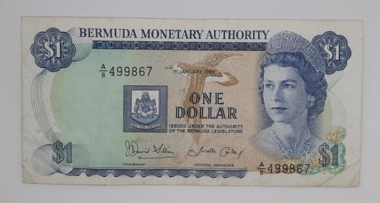 1986 Bermuda Monetary Authority - 1 (One) Dollar BMD Banknote Serial No, A8 499867 P-28c