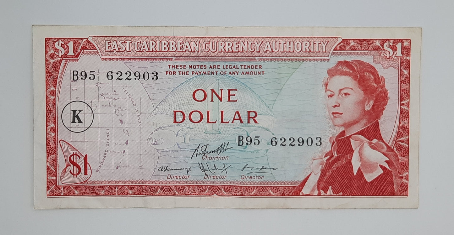 1965 Saint Kitts & Nevis, Eastern Caribbean Currency Authority  - 1 (One) XCD Dollar Banknote Serial No. B95 622903 P-13k