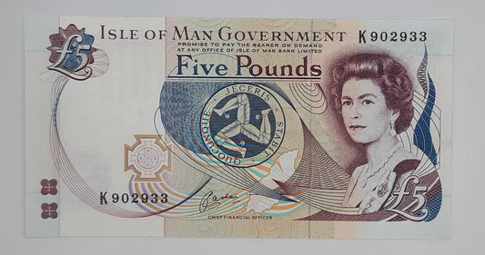 1991 Isle of Man Government - 5 Pounds Manx IMP Banknote Serial No. K 902933 P-41b