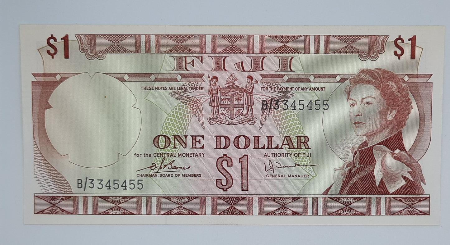 1974  Reserve Bank of Fiji - 1 (One) Fiji Dollar Banknote Serial No. B3 345455 P-71b