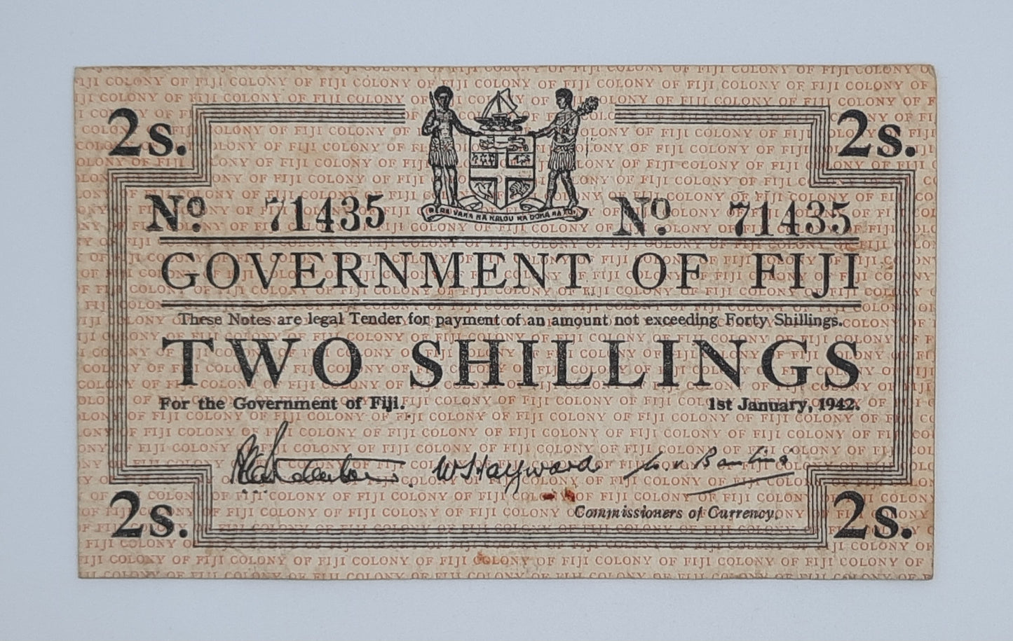 1942 Government of Fiji - 2 (Two) Fiji Shillings Banknote Serial No. 71435 P-50