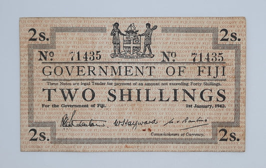 1942 Government of Fiji - 2 (Two) Fiji Shillings Banknote Serial No. 71435 P-50