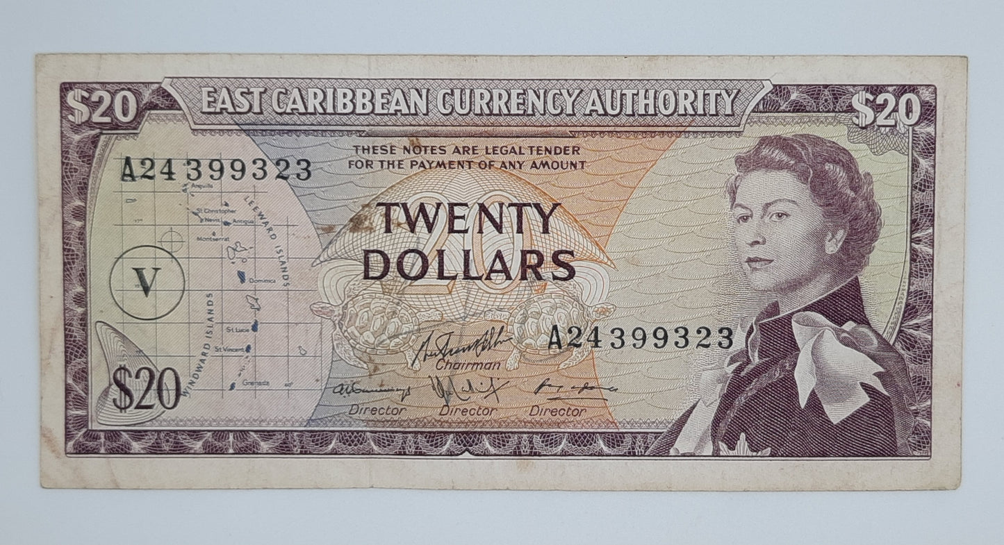1965 Saint Vincent, Eastern Caribbean Currency Authority - 20 (Twenty) Dollars Banknote Serial No. A24 399323 P-15v