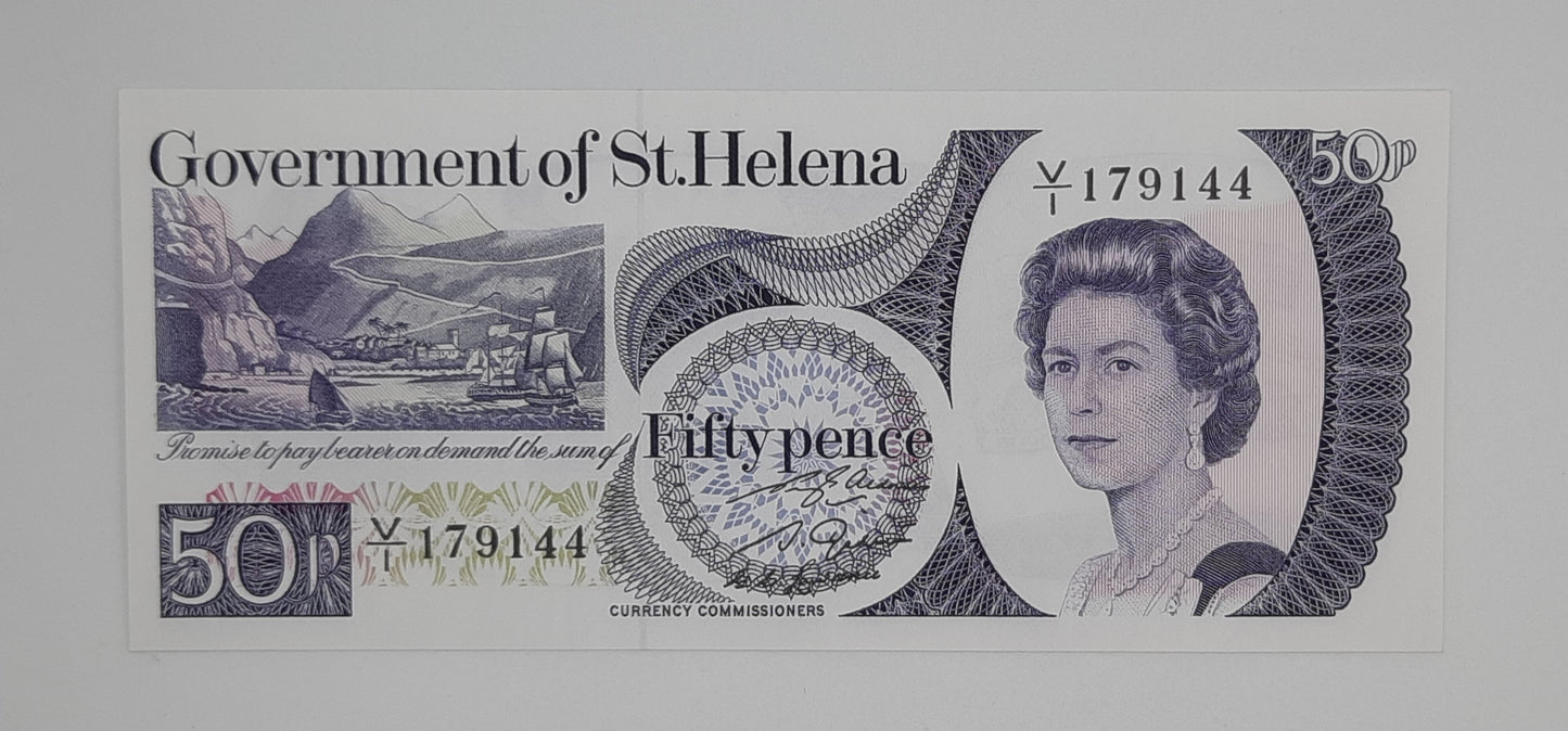 1979 Government of St. Helena - 50 (Fifty) Pence SHP Banknote Serial No. V1 179144 P-5 UNC