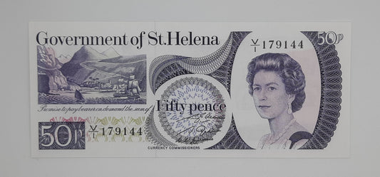 1979 Government of St. Helena - 50 (Fifty) Pence SHP Banknote Serial No. V1 179144 P-5 UNC