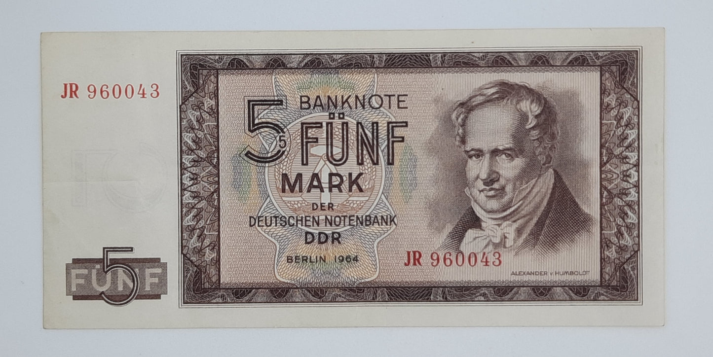 1964 East Germany GDR, Deutsche Notenbank der DDR - 5 (Five) German Mark Banknote Serial No. JR960043 P-22