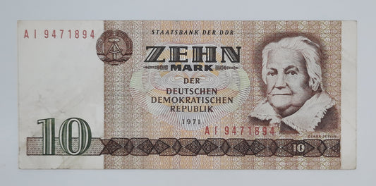 1971 (1975) East Germany GDR, Deutsche Notenbank der DDR - 10 (Ten) German Mark Banknote Serial No. A1 9471894 P-25f