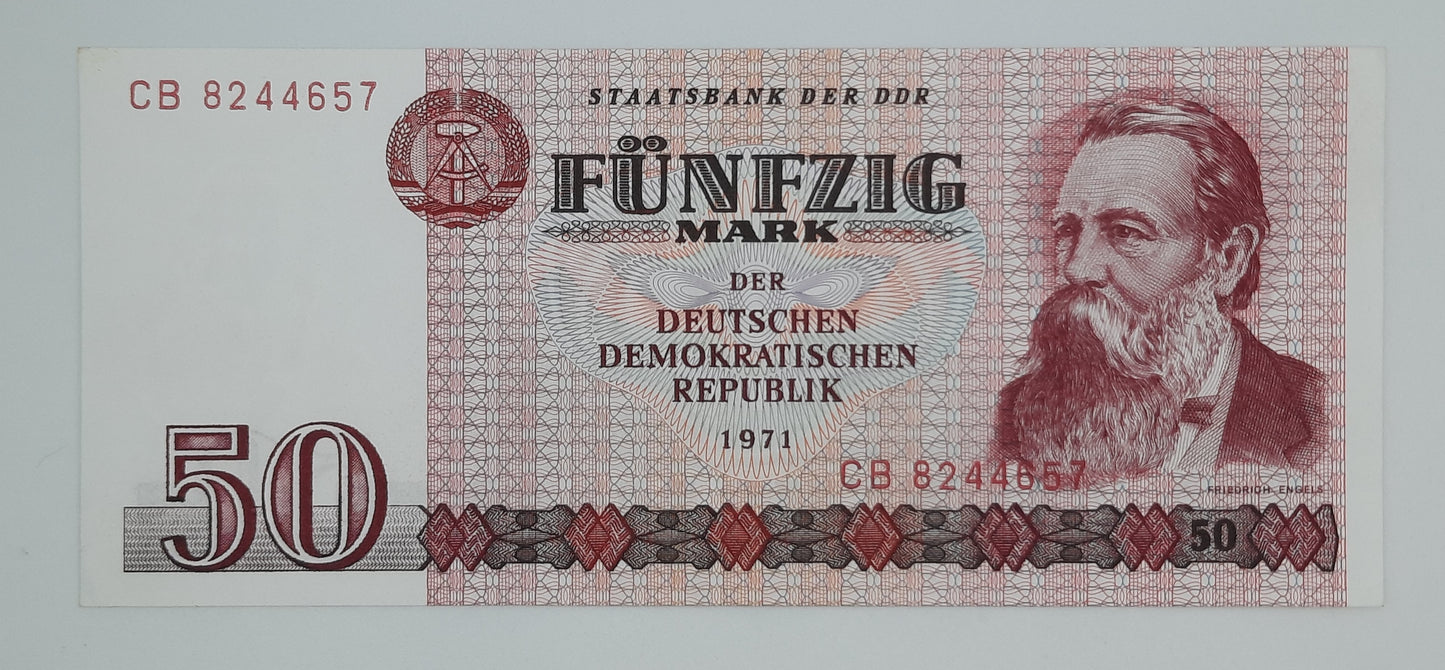 1971 East Germany GDR, Deutsche Notenbank der DDR - 50 (Fifty) German Mark Banknote Serial No. CB 8244657 P-30 UNC