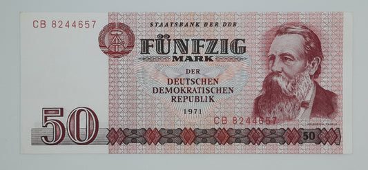 1971 East Germany GDR, Deutsche Notenbank der DDR - 50 (Fifty) German Mark Banknote Serial No. CB 8244657 P-30 UNC