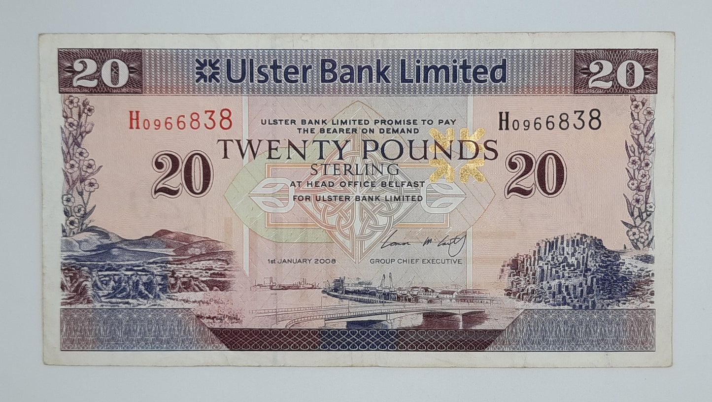 2008 Ulster Bank, Northern Ireland UK - 20 Northern Irish Pounds Note Serial No. H 0966838 P-342a