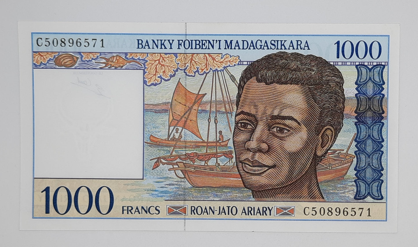 1995 Banki Foiben'i Madagascar (Central Bank of Madagascar)- 1000 Francs Banknote, Serial No. C 50896571 P-76