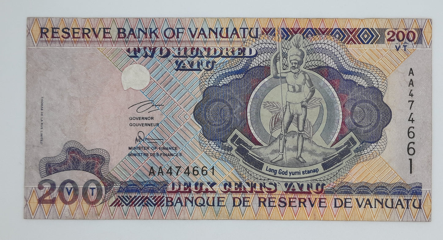 1995 Reserve Bank of Vanuatu - 200 Vatu Banknote Serial NO. AA 474661 P-8c