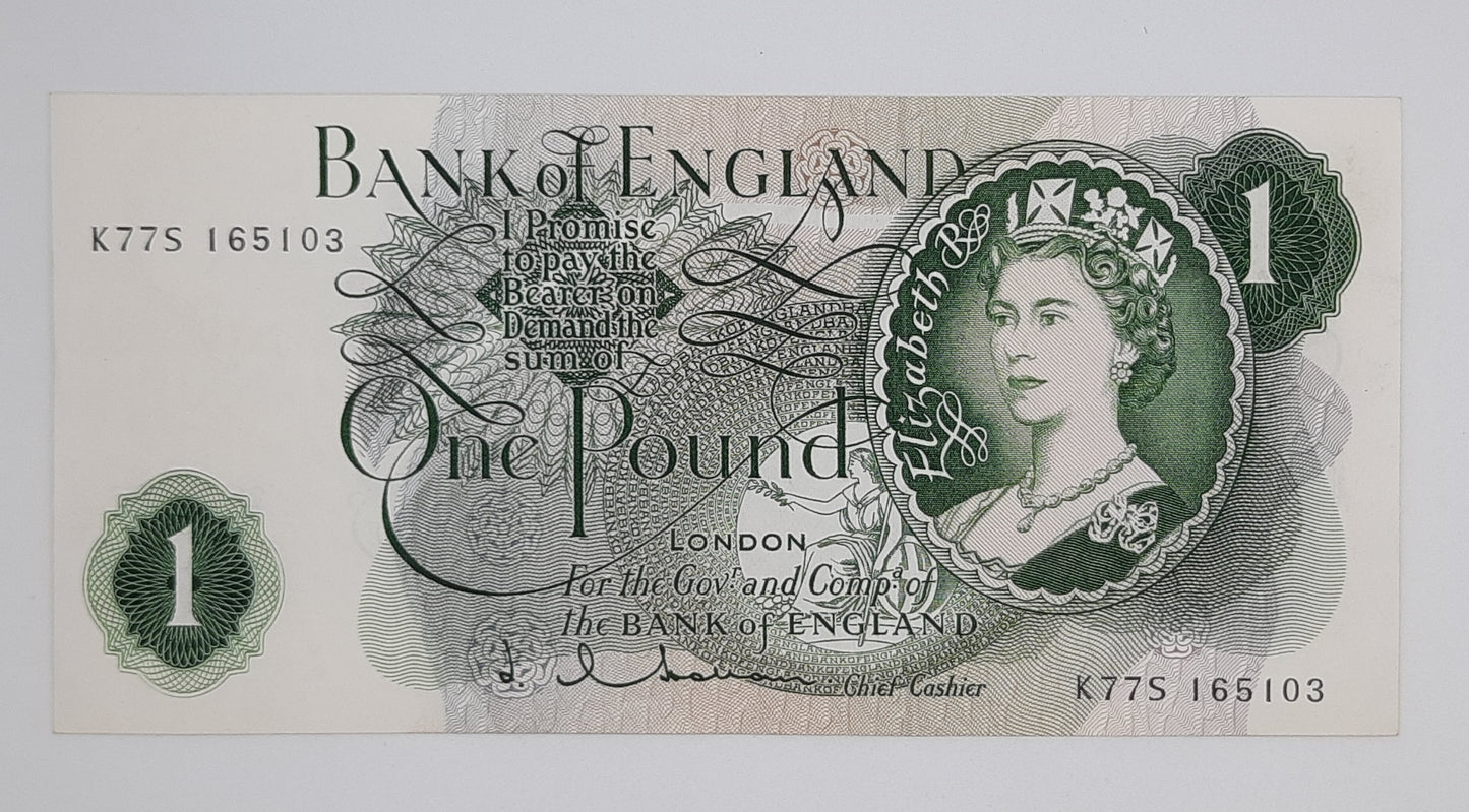 1963 Bank of ENGLAND, UK - £1 (One) British Pound Banknote Serial No. K77S 165103P-377c