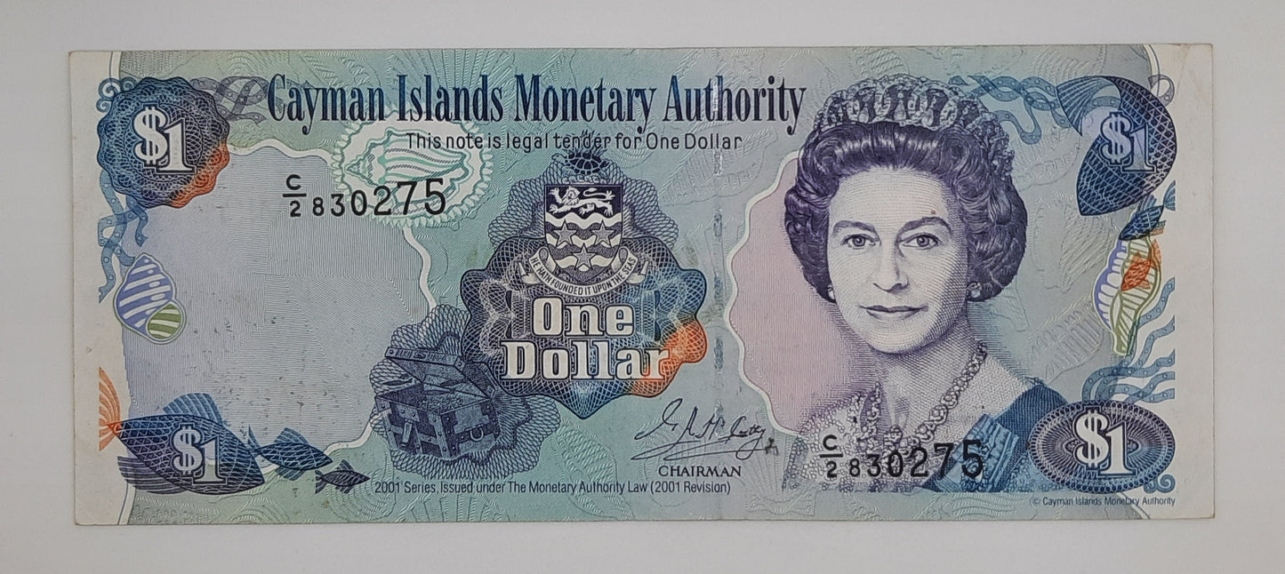2001 Cayman Islands Monetary Authority - 1 (One) Dollar Banknote Serial No. C2 830275 P-26a