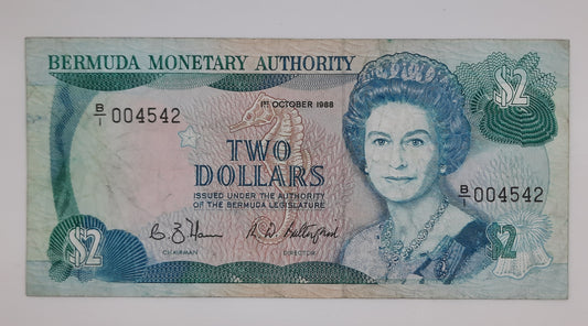 1988 Bermuda Monetary Authority - 2 (Two) Dollars BMD Banknote Serial No, B1 004542 P-34a