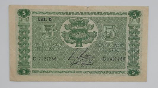 1939 Finland, Suomen Pankki - 5 (Five) Finnish Markkaa / Marks Banknote Serial No. C 7327786 P-69a