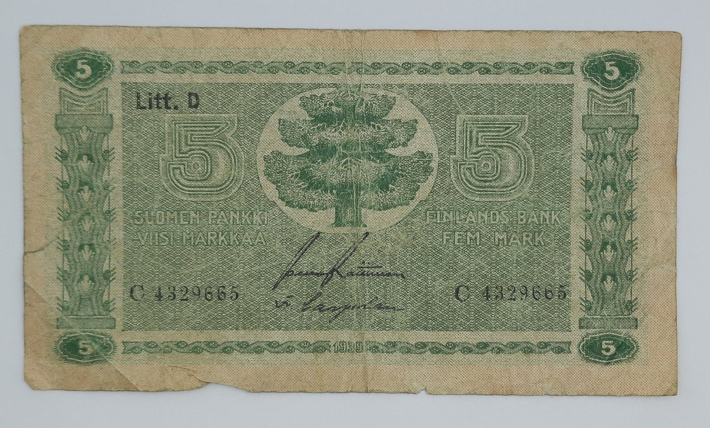 1939 Finland, Suomen Pankki - 5 (Five) Finnish Markkaa / Marks Banknote Serial No. C 4329665 P-69a