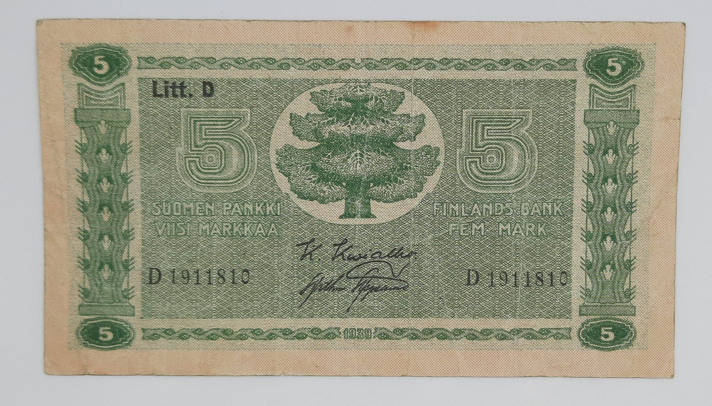 1939 Finland, Suomen Pankki - 5 (Five) Finnish Markkaa / Marks Banknote Serial No. D 1911810 P-69a
