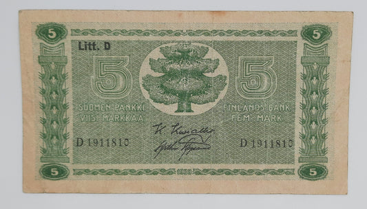 1939 Finland, Suomen Pankki - 5 (Five) Finnish Markkaa / Marks Banknote Serial No. D 1911810 P-69a