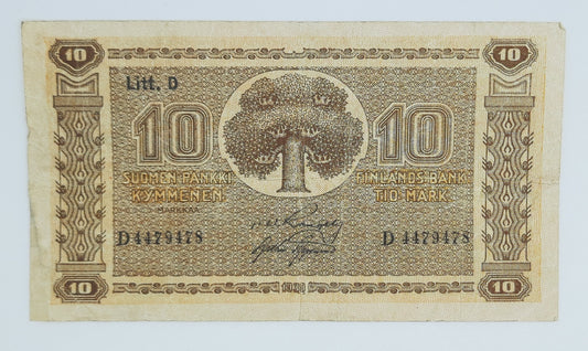 1939 Finland, Suomen Pankki - 10 (Ten) Finnish Markkaa / Marks Banknote Serial No. D 4479478 P-70a