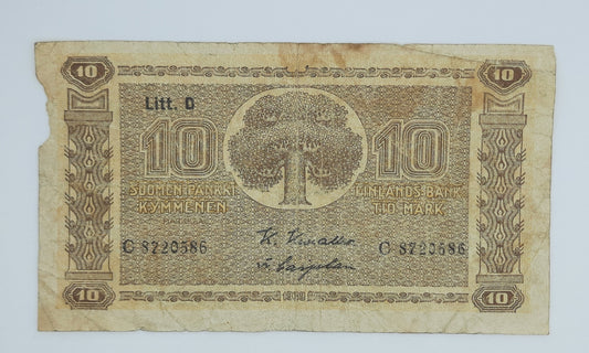 1939 Finland, Suomen Pankki - 10 (Ten) Finnish Markkaa / Marks Banknote Serial No. C 8720586 P-70a