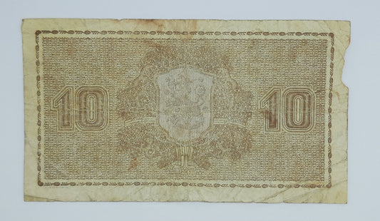 1939 Finland, Suomen Pankki - 10 (Ten) Finnish Markkaa / Marks Banknote Serial No. C 8720586 P-70a