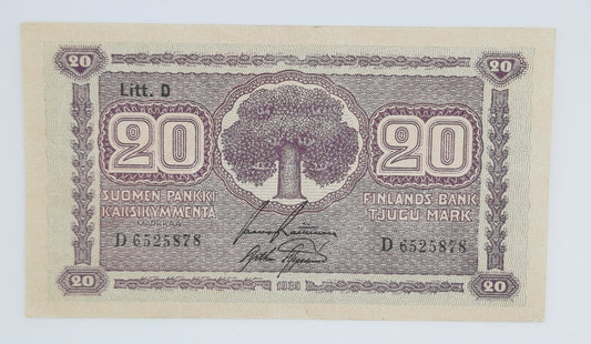 1939 Finland, Suomen Pankki - 20 Finnish Markkaa / Marks Banknote Serial No. D 6525878 P-71a
