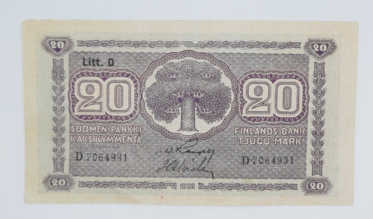 1939 Finland, Suomen Pankki - 20 Finnish Markkaa / Marks Banknote Serial No.D 7064931 P-71a